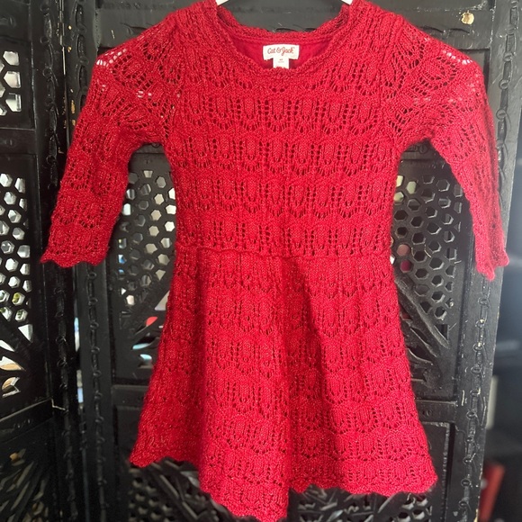 Cat & Jack Girls Red Sparkle Shimmer Crochet Knit Sweater Dress Size 5T - Picture 3 of 3